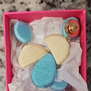 Blue and Cream Fabric Statement Earrings